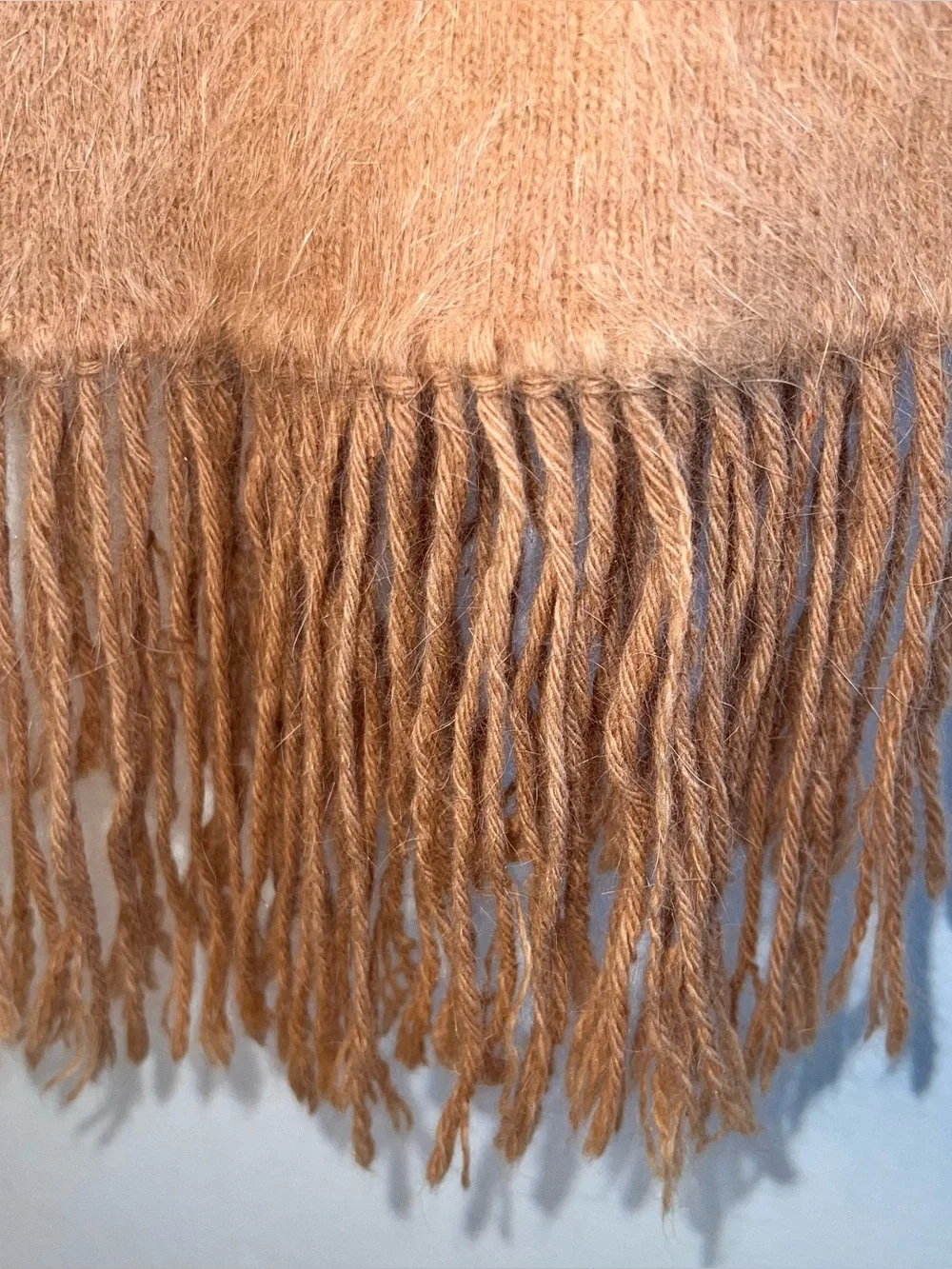 Women’s  Angora Rabbit Fur Scarf Neutral Classic camel fringe 58”x6”